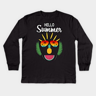 Hello Summer Funny face  with sunglasses, pineapple, watermelon  enjoy summertime on a beach vacation Kids Long Sleeve T-Shirt